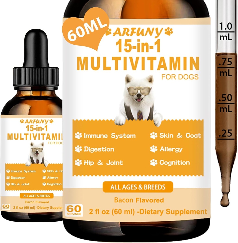 15 en 1 Multivitamine pour chiens - Chien Multivitamine Liquid Support Joint, Gut & Immune Health - Canine Digestion, Cœur, Peau et Coat Health - Suppléments de vitamine pour chiot - Bacon Flavor