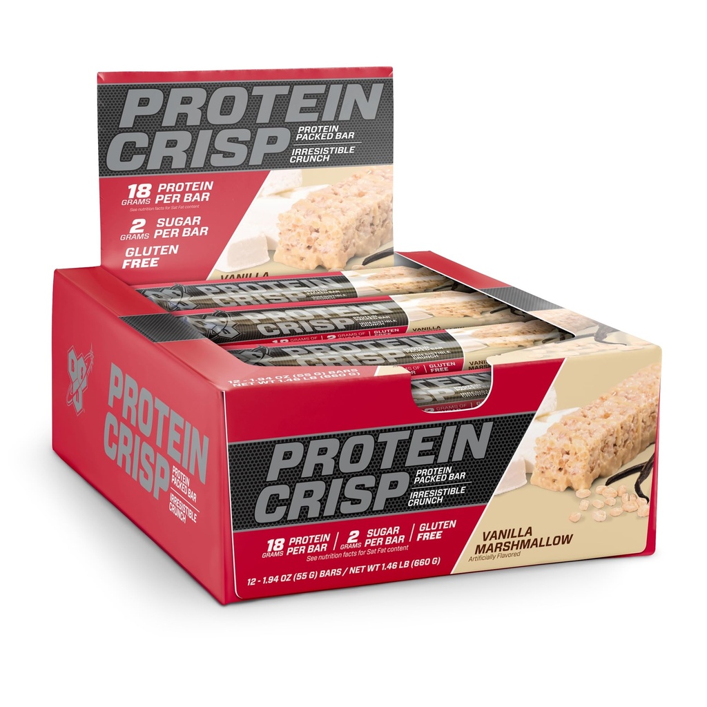 BSN Protein Bars - Protein Crisp Bar par Syntha-6, Whey Protein, 20g de protéines, sans gluten, faible sucre, Marshmallow Vanilla, 12 Compte