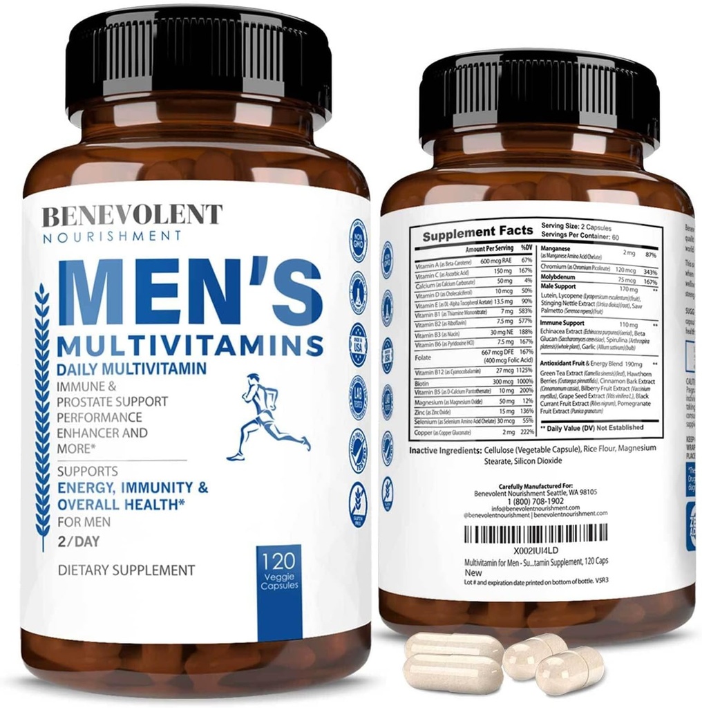 Benevolent Nourishment Multivitamin per gli uomini - Supporta l'energia e la salute generale - Vitamine quotidiane essenziali per gli uomini, la biotina, il magnesio, lo zinco e l'antiossidante per la salute immunitaria - Non OGM, 120 caps