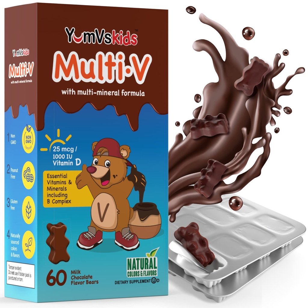 YUM-V'S - Bambini Multivitaminici Cuscinetti Cioccolato Masticabile - Multivitamina per Bambini Supplemento - 16 Vitamine & Minerali - Vitamine Comprese D, Zinco, C, B Complex & More, 60 Contenitore Confezione da 1