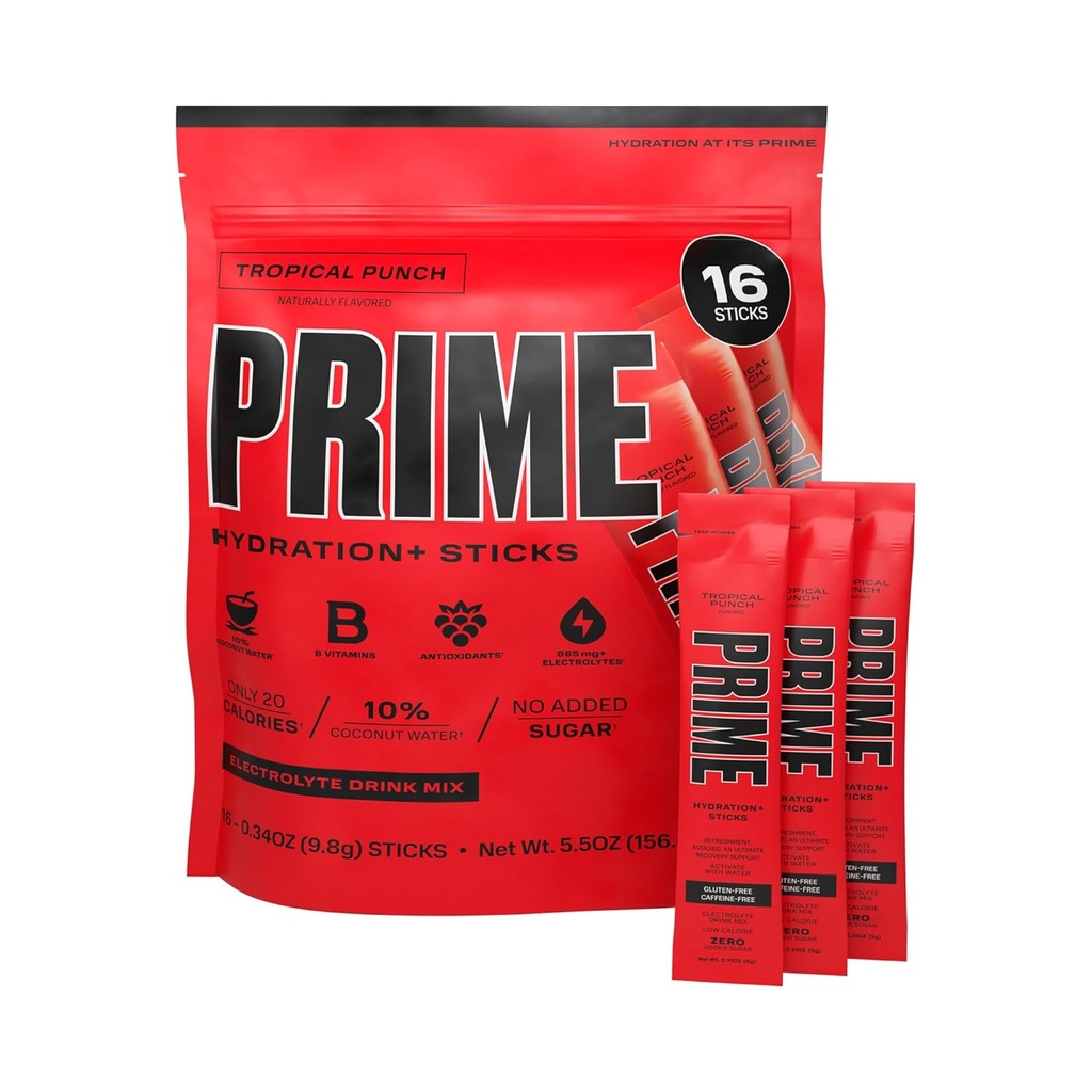 PRIME HYDRATION+ Sticks Tropical Punch| Hydration Pulver Single Serve Sticks | Elektrolyt Pulver auf dem Go | 250mg BCAAs, B Vitamine, Antioxidantien | Low Sugar | Caffeine-Free | Vegan | 16 Sticks