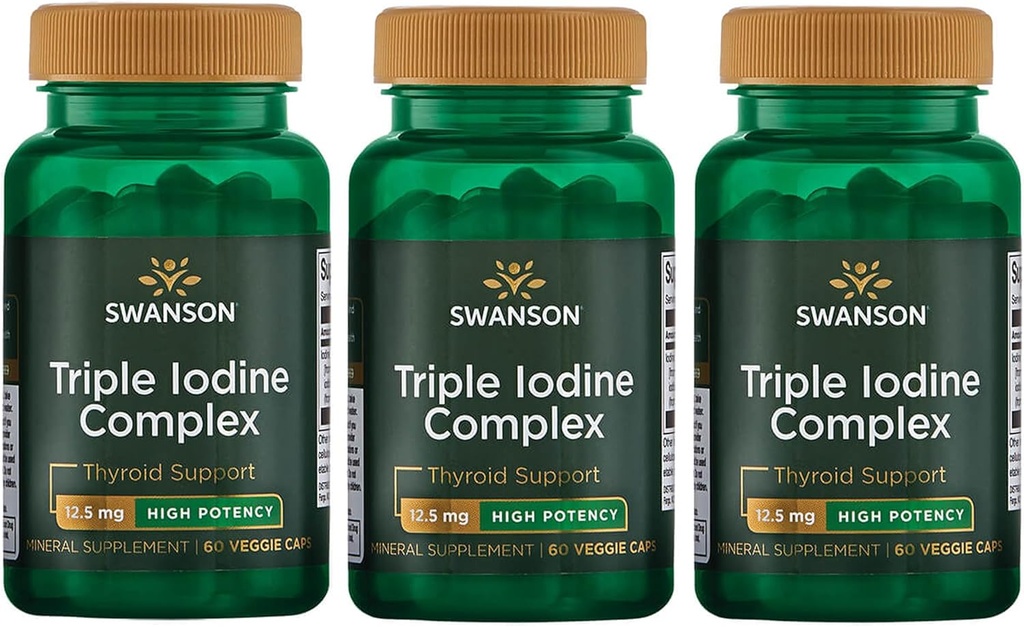 Swanson Triple Iodine Complex-Natural Supplement for Vital Thyroïde Support-Promotes Fonction métabolique, augmentation de la production de globules rouges et santé cardiaque-(60 Capsules de Veggie, 12,5mg chacune) (3 Pack)