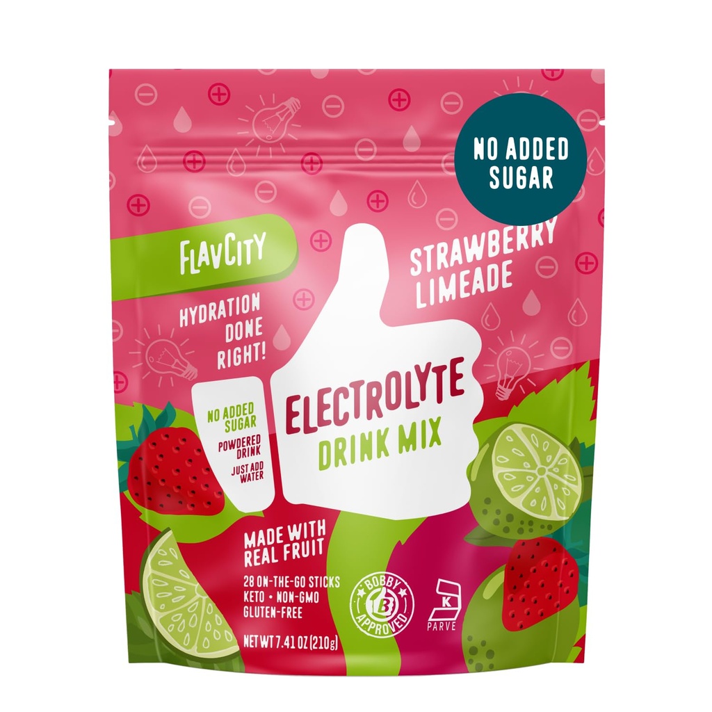 Pacchetti di polvere di limeade di fragola di FlavCity - 28 Imballaggi di idratazione - No Aggiunto Zucchero - Polvere di idratazione con frutta reale & sale marino non raffinato - Keto & senza glutine (28 Stick Packs)