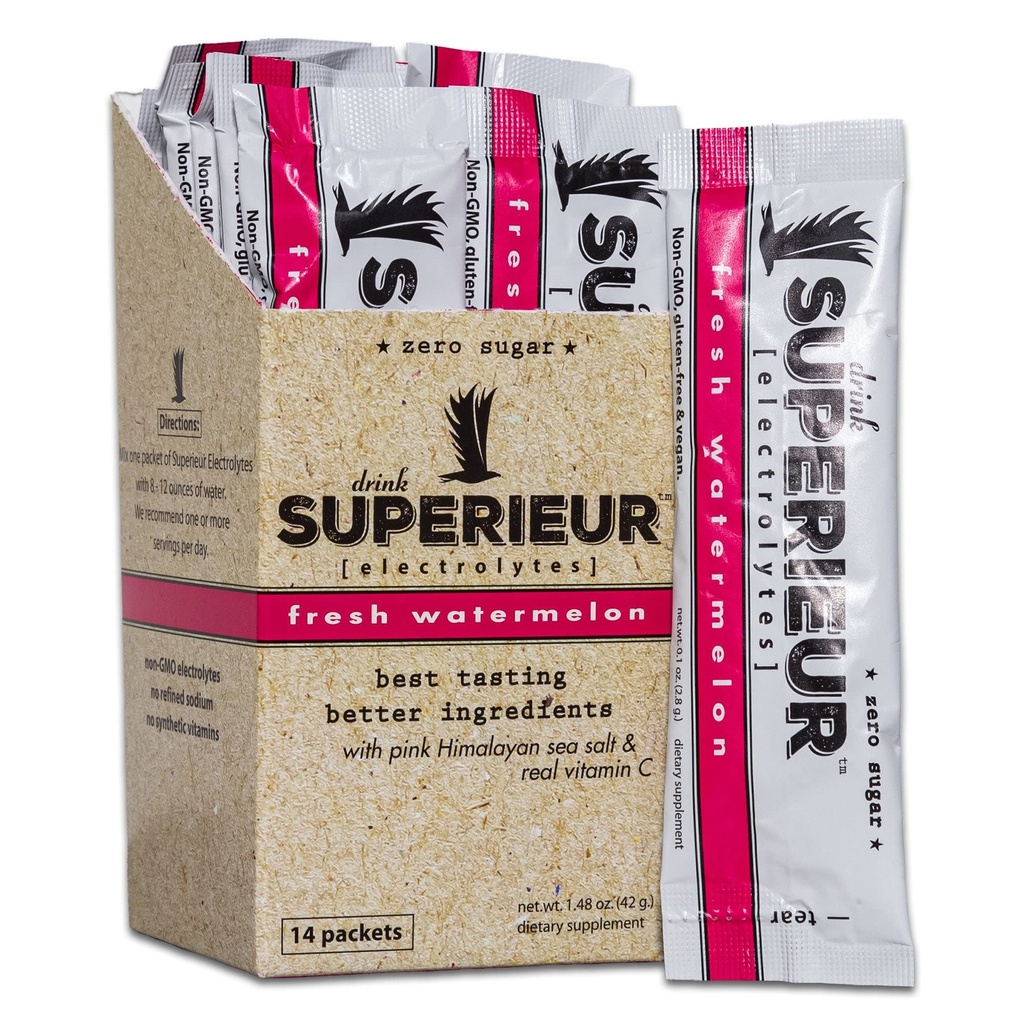 Superieur Electrolyte Powder Packets - Vegan Electrolyte Powder w/Sea Minerals - Keto Friendly, Non-OGM, Zero Sugar Electrolyte Supplément - Boissons sportives saines - Pastèque (14 Packets)
