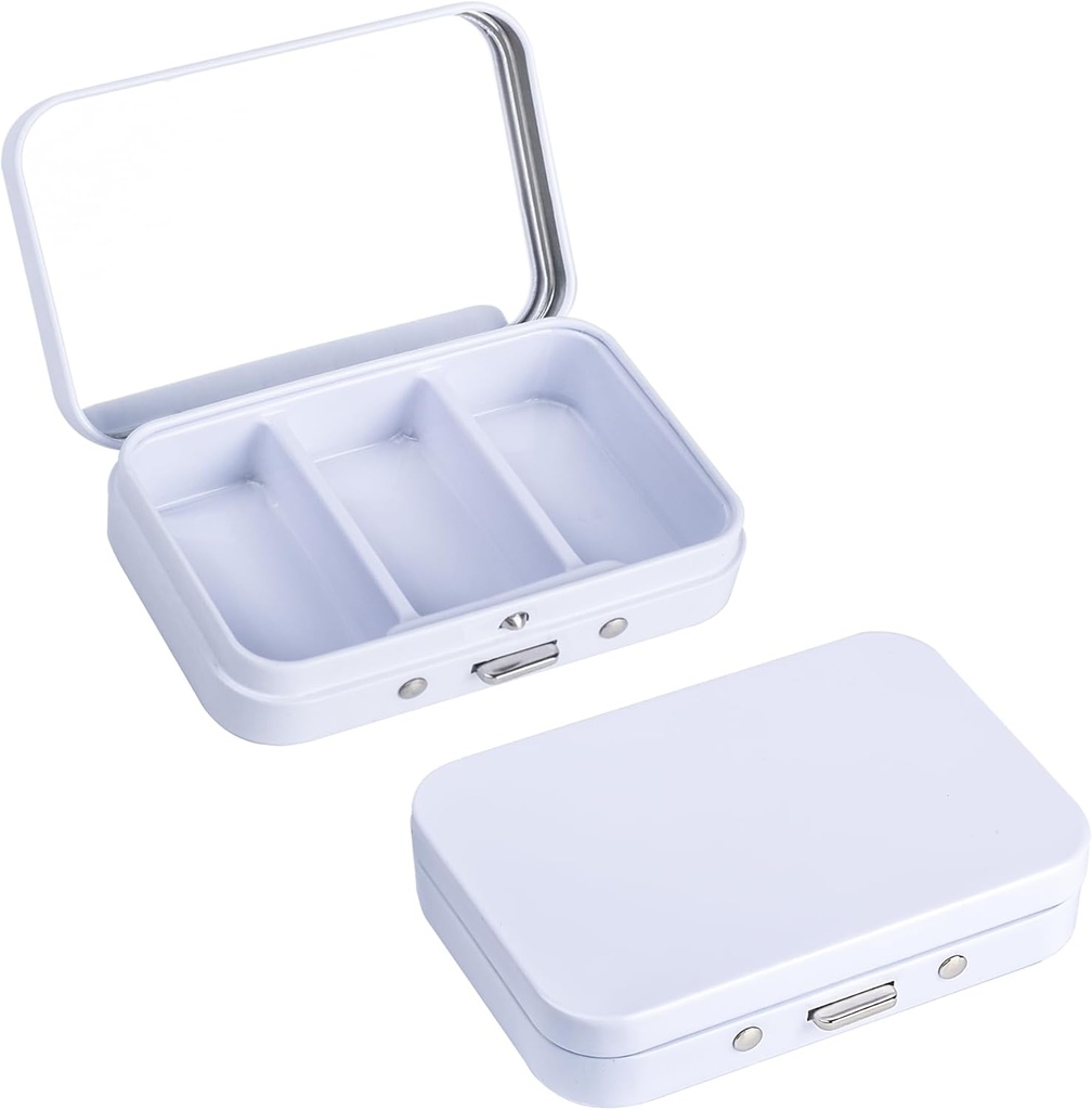 2Pack Pill Box 3 Compartiment Pill Case,Portable Metal Pill Box with Mirror for Medicine, Vitamines, Huile de poisson et suppléments,Portable Pill Box for Pocket or Purse(White)