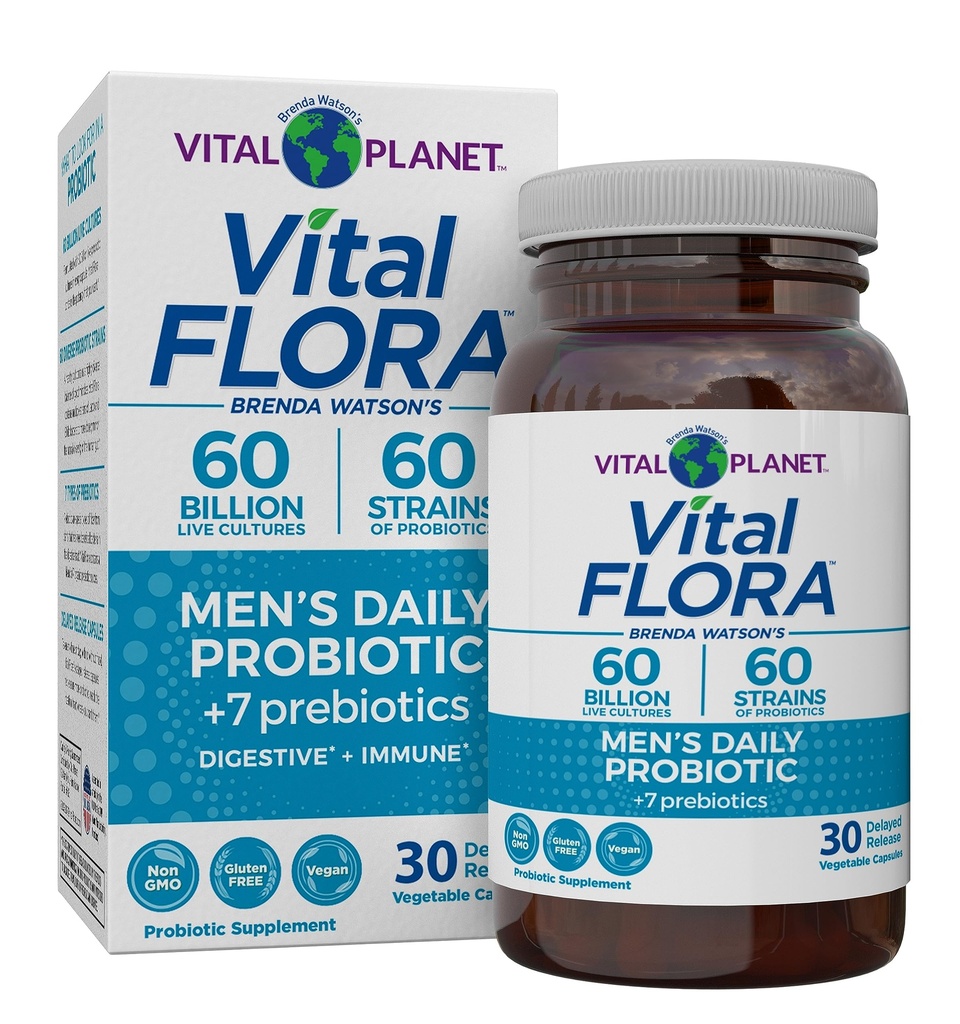 Vital Planet - Vital Flora Men’s Daily Probiotic, 60 Billion CFU, 60 Diverse Strains, 7 Bio-Präbiotika, Immununterstützung, Gasentlastung, Colon und Digestive Health Probiotics für Männer 30 Kapseln