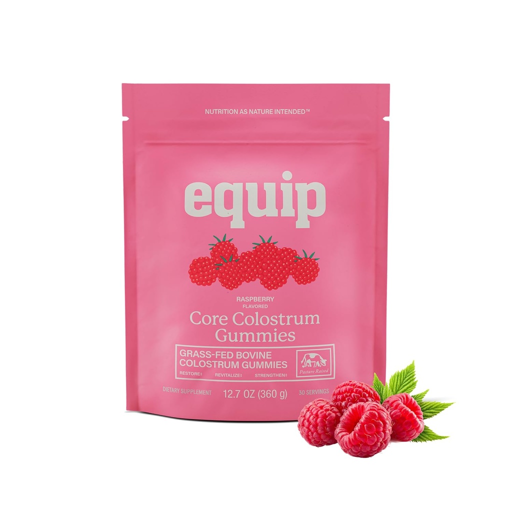 Equip Foods Core Bovine Colostrum Gummis - Delicious 1g Per Seving Grass Fed Colostrum Supplement - Gut Gesundheit, Immunität, Erholung, Haar & Haut - 60 Bovine Colostrum Gummis, 30 Servierungen, Himbeer