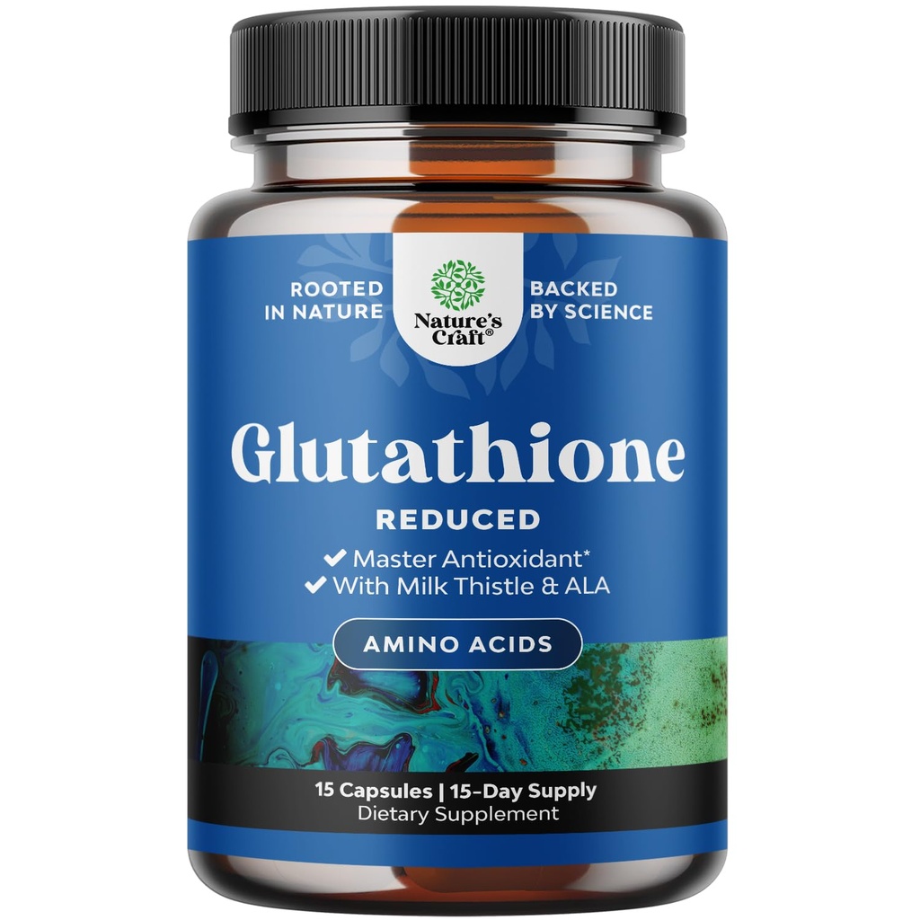 Supplément réduit de glutathion avec chardon de lait - 500 mg par portion de glutathion pur L avec acide lipoïque alpha et chardon de lait Silymarin pour radiance cutanée, soutien hépatique et soutien immunitaire - 15 Compte