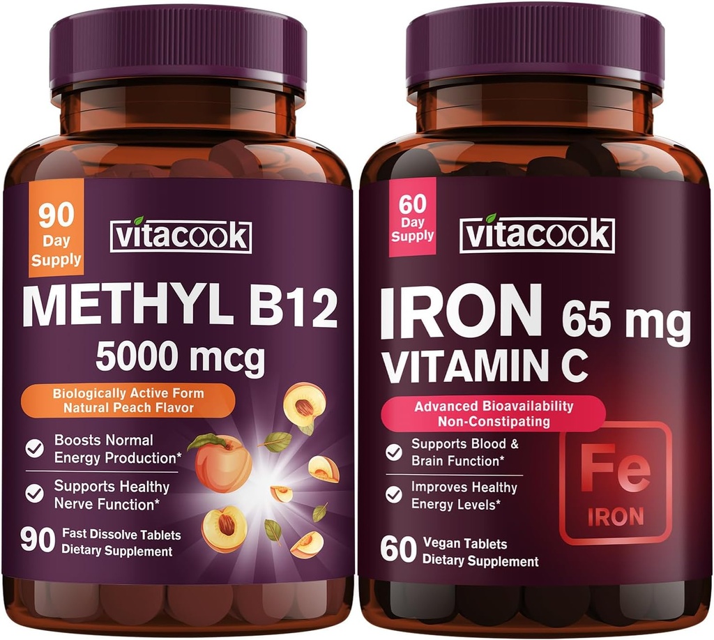 Eisen und Vitamin B12 Bundle, 5000 mcg B12, Zero Sugar, Carbonyl Iron mit Vitamin C, Gentle on The Stomach