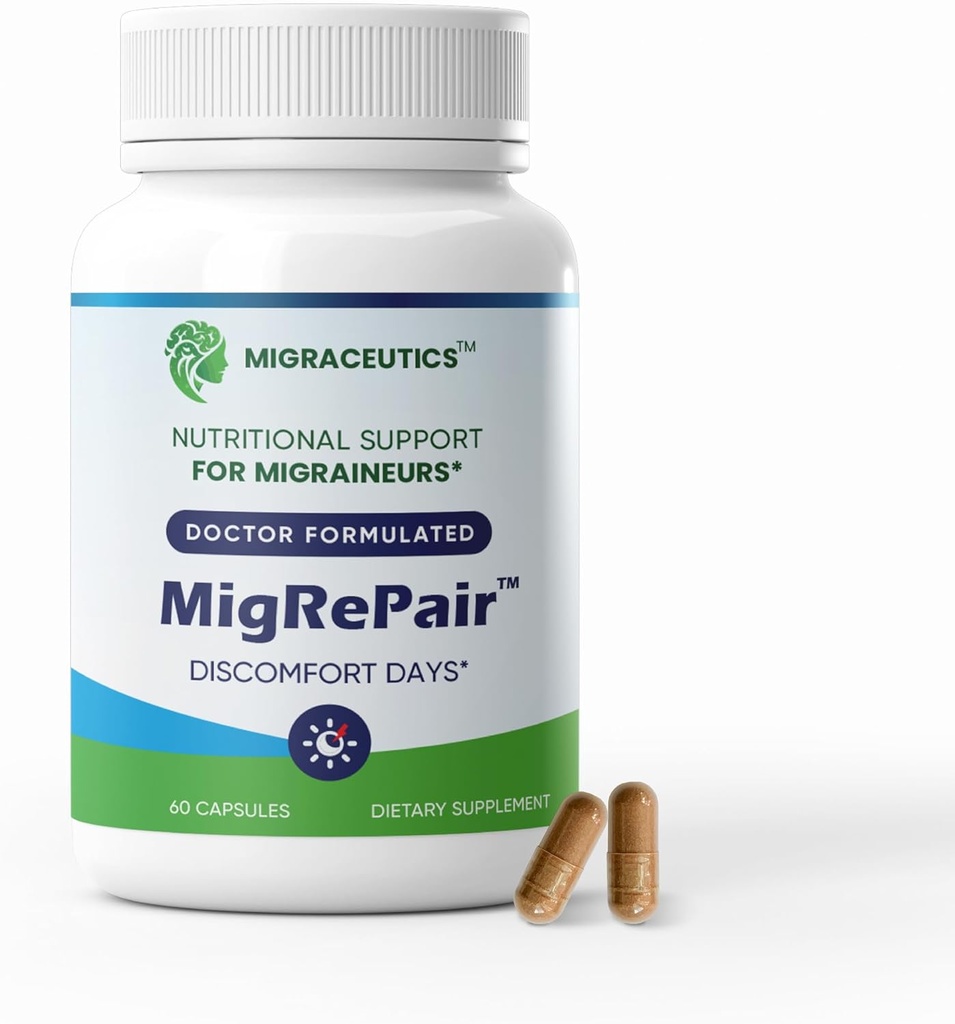 MigRePair Flasche von 60 - Doctor Formulated Migraine Relief Supplements - Natürliche Kräuter-Unterstützung mit Feverfew, Butterbur & Grape Seed - Migraine Ergänzung für Frauen & Männer - Migraine Kopfschmerzen Unterstützung