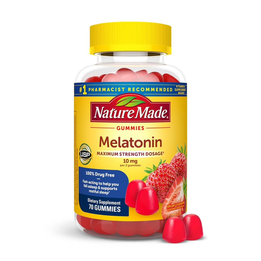 Natura Made Melatonin 10mg per porzione Gummies per adulti, Dosaggio massimo Dosaggio Sleep Aid, 100% Droga Libero, 70 Conte Melatonin Gummies, 35 giorni di alimentazione
