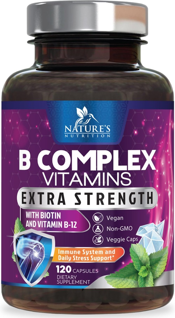 B Complex Vitamins Capsules - Super Complete B-100 Complex con Vitamina B12 B6 C Biotin Folate & Folic Acid per Immune & Energy Support - Supplemento per Cuore, Cervello, & Nerve Support - 120 Capsule