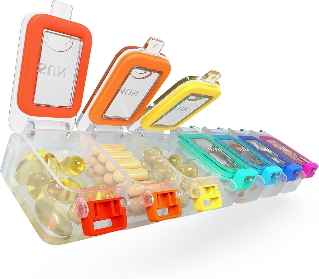 BEXEEN Weekly Medicine Pill Organizer Waterproof 7 Day Large Pill Box Daily Pill Case Cute Vitamine Organizer Portable Pill Container Travel Pills Holder XL Supplément Médicament Dispenser Un par jour