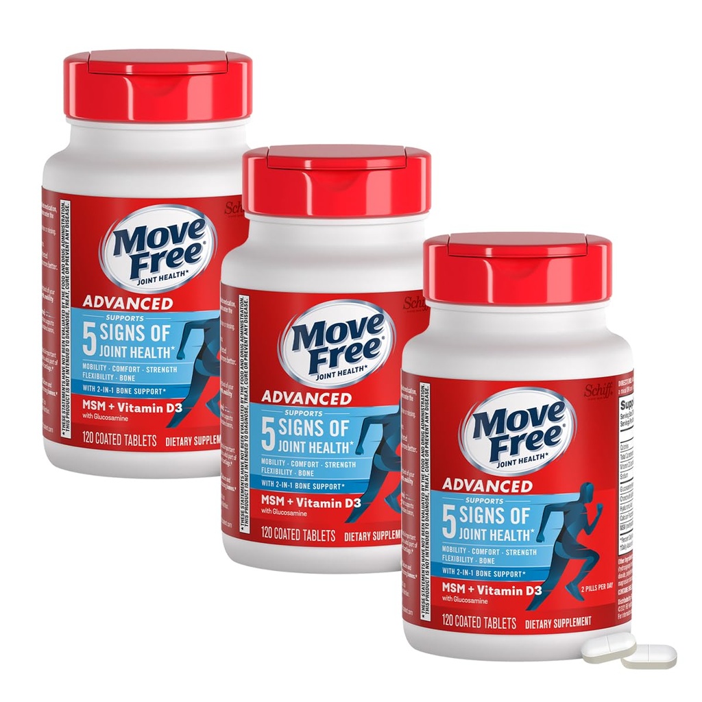 Bewegen Sie Free Advanced Glucosamine Chondroitin MSM + Vitamin D3 Joint Support Supplement, unterstützt Mobilität Komfort Stärke Flexibilität & Knochen + Immune Gesundheit - Tablet, 3x120ct Flaschen (120 Portionen)*