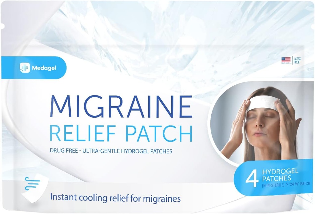 Migraine Relief Patch, Cooling Patches für Migraine, Fever, Hormone, & Kopfschmerzen, Mess & Odor-Free Hydrogel Cooling, Made in USA, 1 Pack (4 x Patches) Weiß