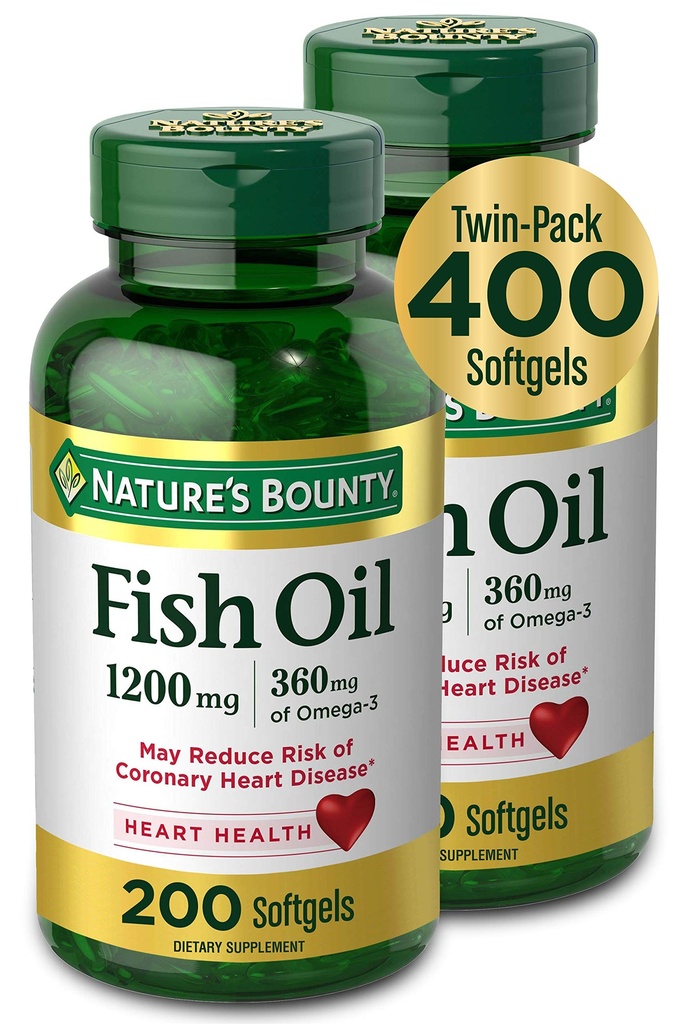 Natur Bounty Fischöl, Nahrungsergänzungsmittel mit 360mg Omega-3, unterstützt Herzgesundheit, 1200mg, 200 Softgels (Paket von 2)