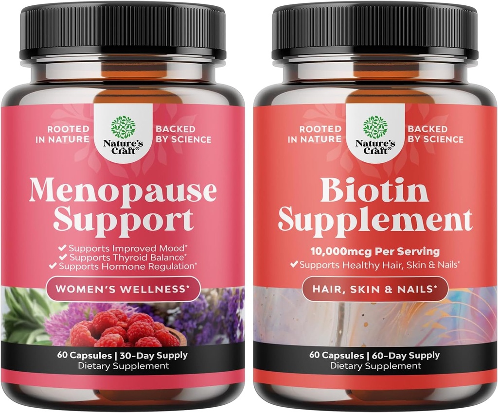 Ensemble de complément à la ménopause à base de plantes pour les femmes et 10000 mcg Pure Biotin Pills pour les femmes et les hommes - Parfait pour l'équilibre œstrogène - Stop perte de cheveux mince supplément naturel