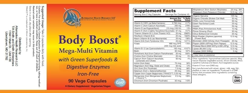 Eisenfreie Mega Multivitamin und Mineralergänzung mit grünen Superfoods und Verdauungsenzymen- Body Boost® von Alternative Health Research