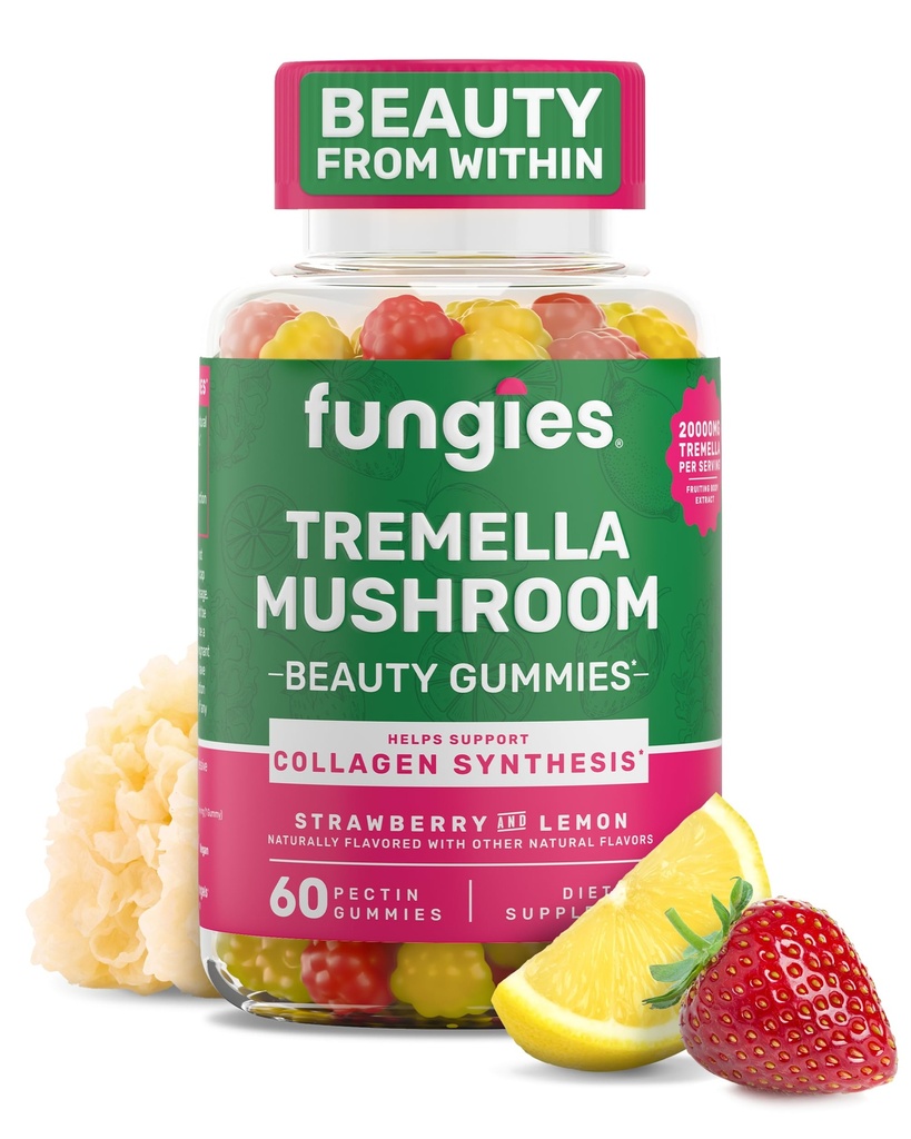 Fungies Tremella Champignon Gommies, Fraise mélangée & Saveur de citron - Supplément de champignons à base de plantes Gommy pour adultes soutient la synthèse collagène, la peau saine et le vieillissement en santé - Gommies de beauté 60 portions