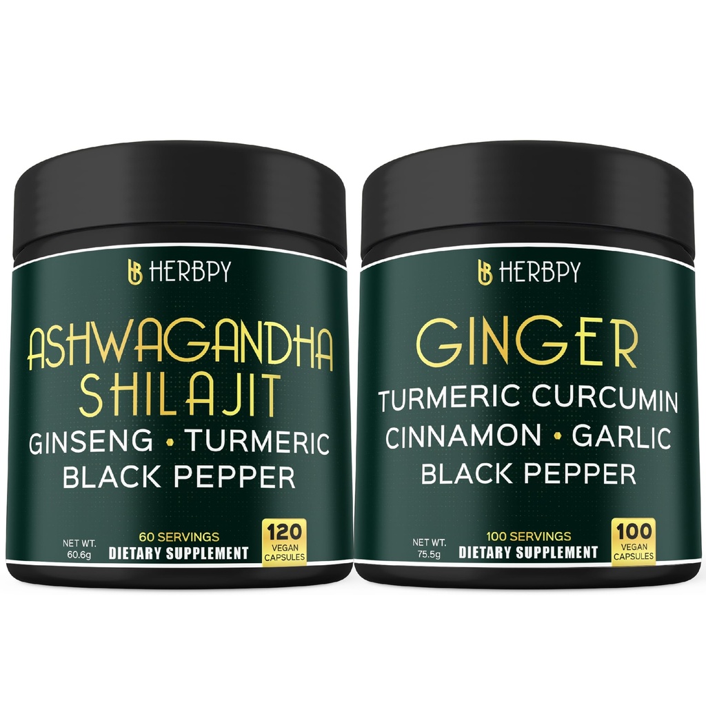 Bundle 5in1 Ashwagandha Shilajit & 5in1 Ginger Supplement - Unterstützung Herz, Verdauung Gesundheit und Immun