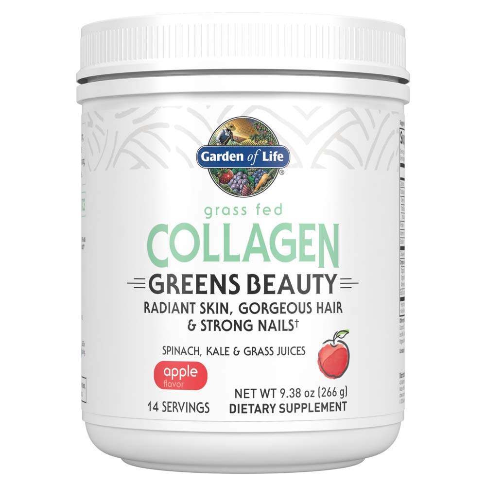 Jardin de la vie Herbe Fed Collagen Greens Poudre de beauté - Pommes, 14 portions, pour les femmes Huiles de cheveux, Collagène Peptides Poudre + Protéines + Supplément Verts