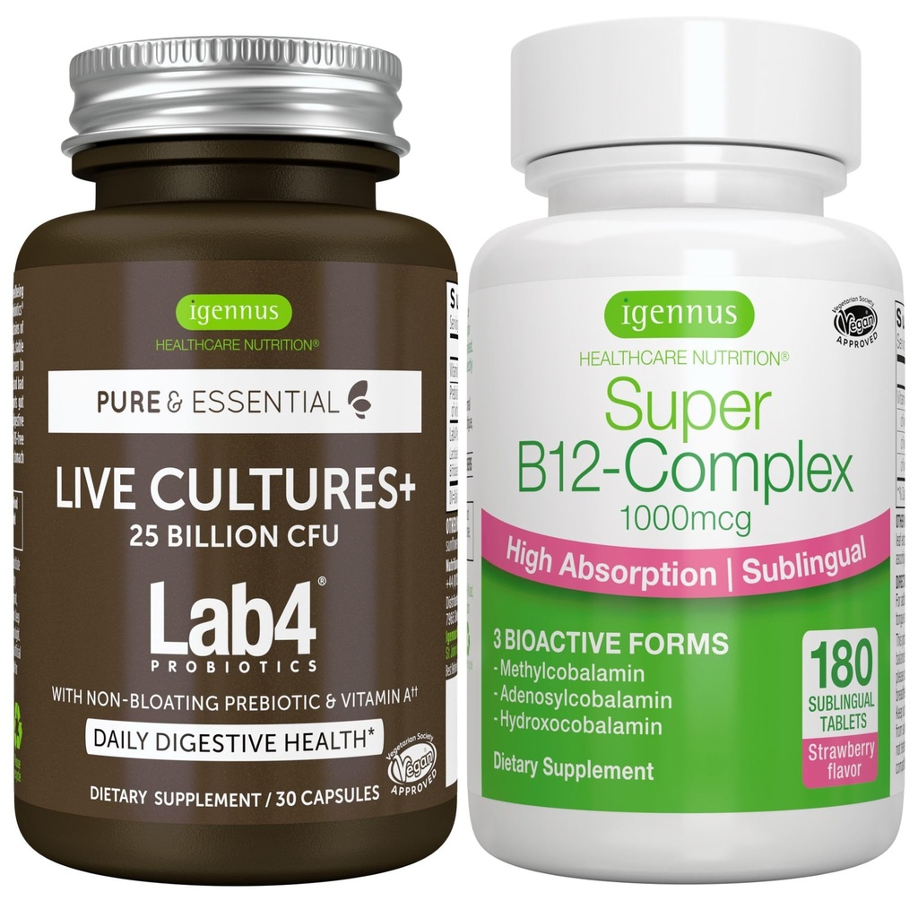 Live Cultures+ Lab4 Probiotics + Super B12-Komplex, Vegan Bundle, 25 Billion CFU Lactobacillus Acidophilus und Bifidobacterium + Hohe Absorption Sublingual B12, von Igennus