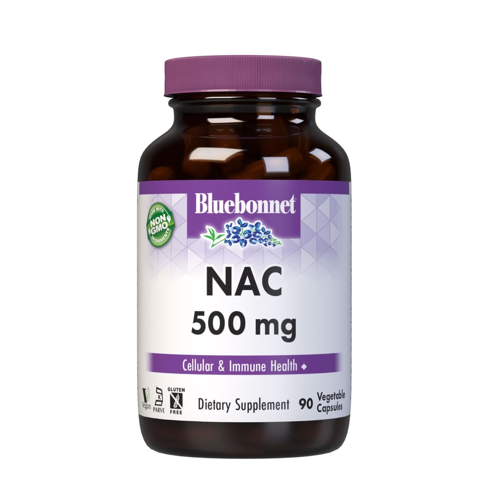 Bluebonnet NAC Supplemento N-Acetyl-L-Cysteine 500 mg - Antiossidante Salute Cellulare & Supporto Immune - Aminoacido Free-Form per le donne & uomini - Non OGM, Kosher, Gluten-Free - 90 capsule vegetali