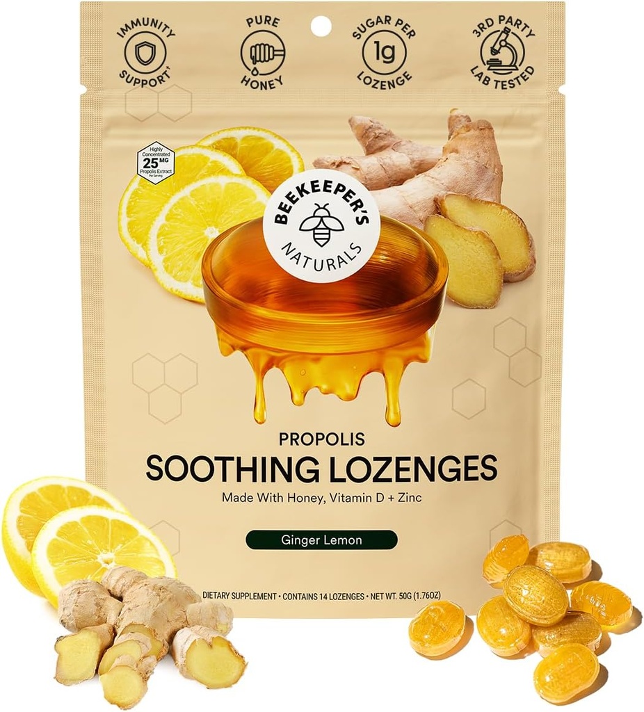 Gocce di tosse di limone di zenzero di miele di soothing dell'apicoltore - Supporto immunitario con vitamina D, Zinco e Propolis Tradimento Lozenges, 14 Ct