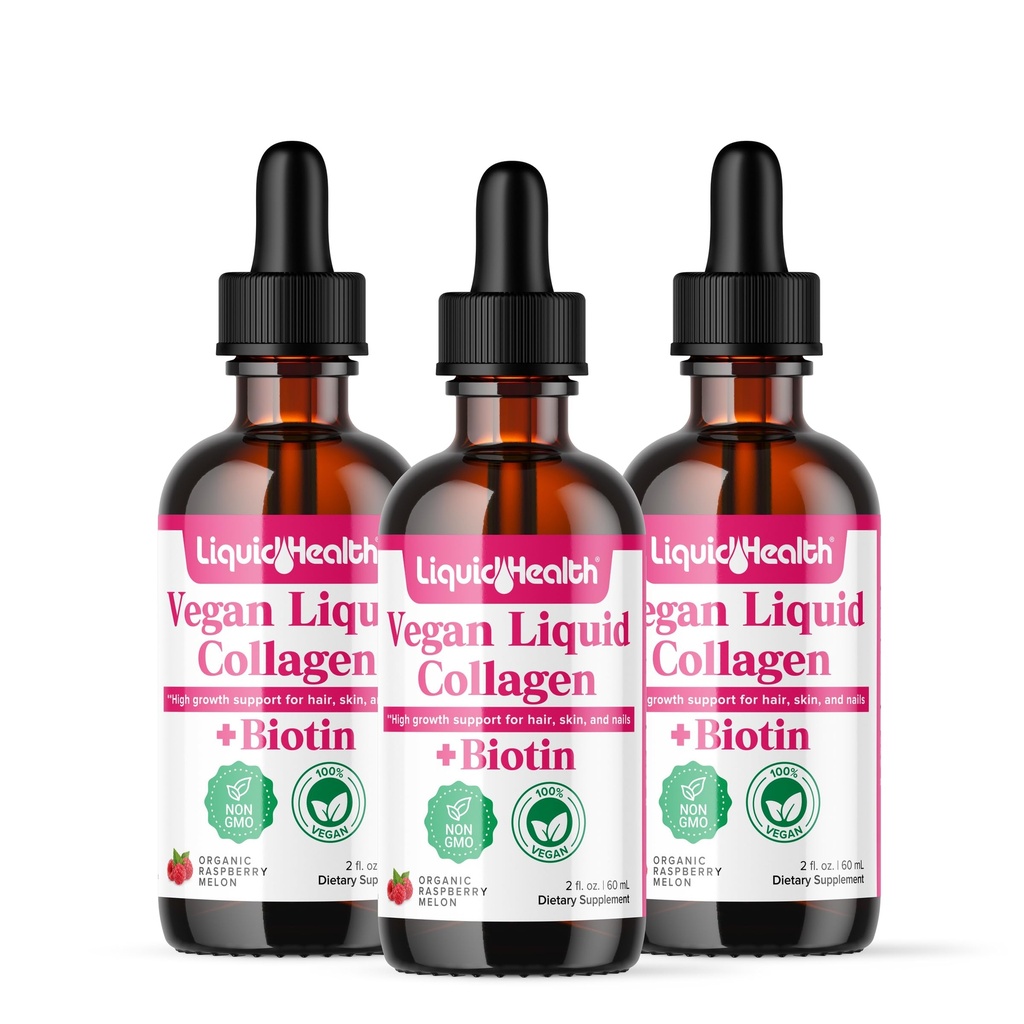 LIQUIDHEALTH 100% végétalien collagène Plus Biotine 100 000mcg gouttes liquides - Collagène liquide à base végétale pour les femmes et les hommes - Croissance des cheveux et des ongles, santé de la peau, stimule le métabolisme - Fabriqué aux États-Unis, Non-OGM (3 Pack)