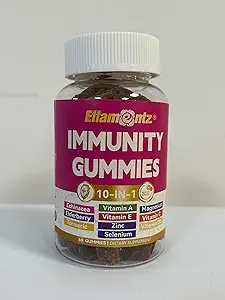 10-In-1 Immungummis mit Multivitaminen, 100% täglich Zink, Vitamin C & D3 Immunergänzung + Echinacea, Sambucus Elderberry, Turmeric, Magnesium, Immununterstützung, Gesamtgesundheit, Zuckerfrei, 1 Packung