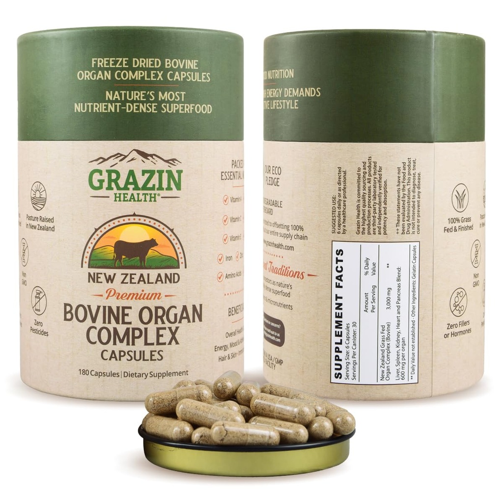 Gras Fed Bovine Organ Complex: Liver, Spleen, Kidney, Heart, Pancreas (600 Mg pro Organ pro Kapsel), 3000 Mg pro Servierung (30 Servierungen)