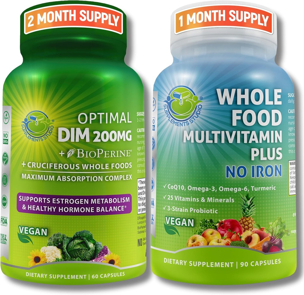 Vegan Multi-system Support with CoQ10, Omega-3, Probiotics & Turmeric - Optimal DIM 200mg with BioPerine & Cruciferous Vegetables & Whole Food Multivitamin Plus (No Iron) for Men & Women – Clean Label