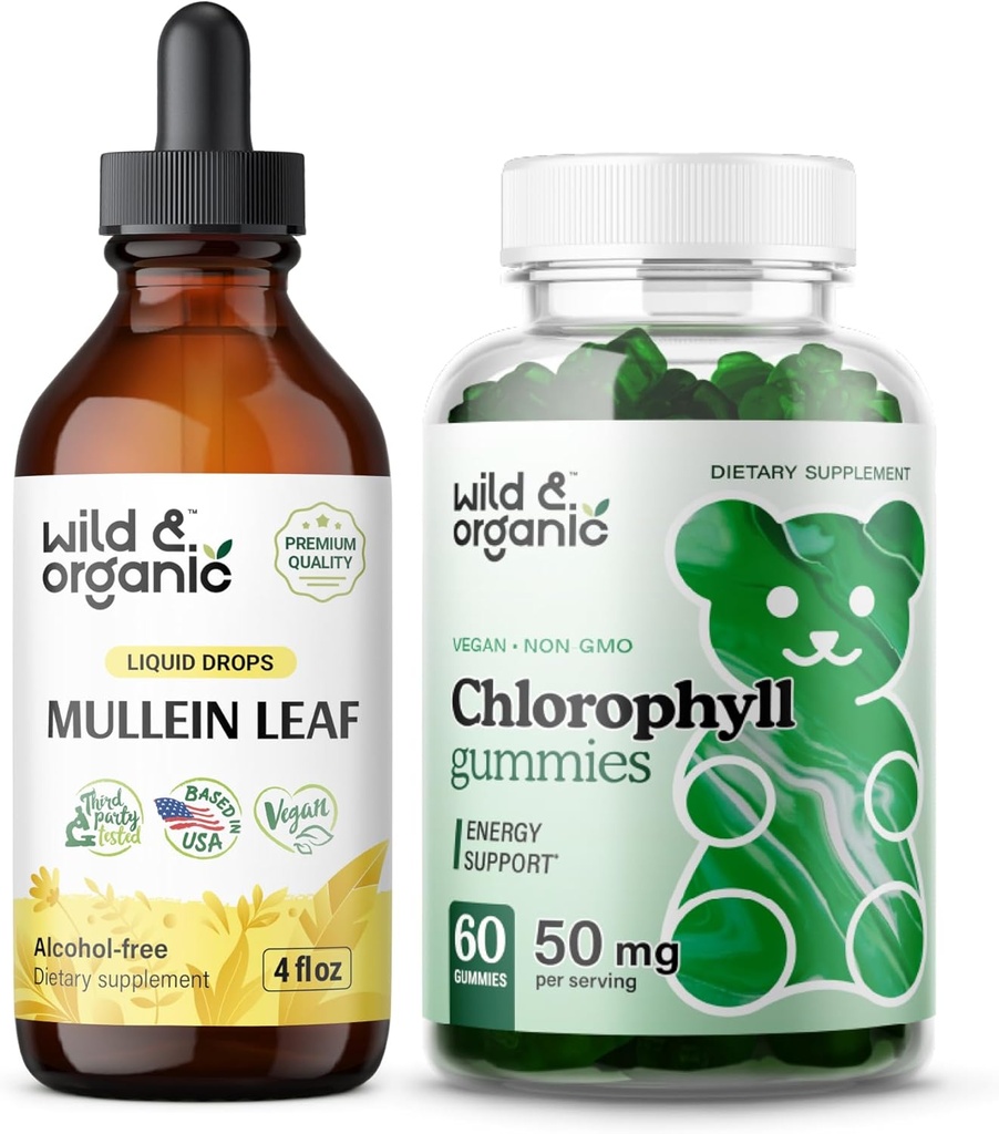 Selvatico & organico Mullein gocce 4 oz & Chlorophyll Gummies 60 Chews