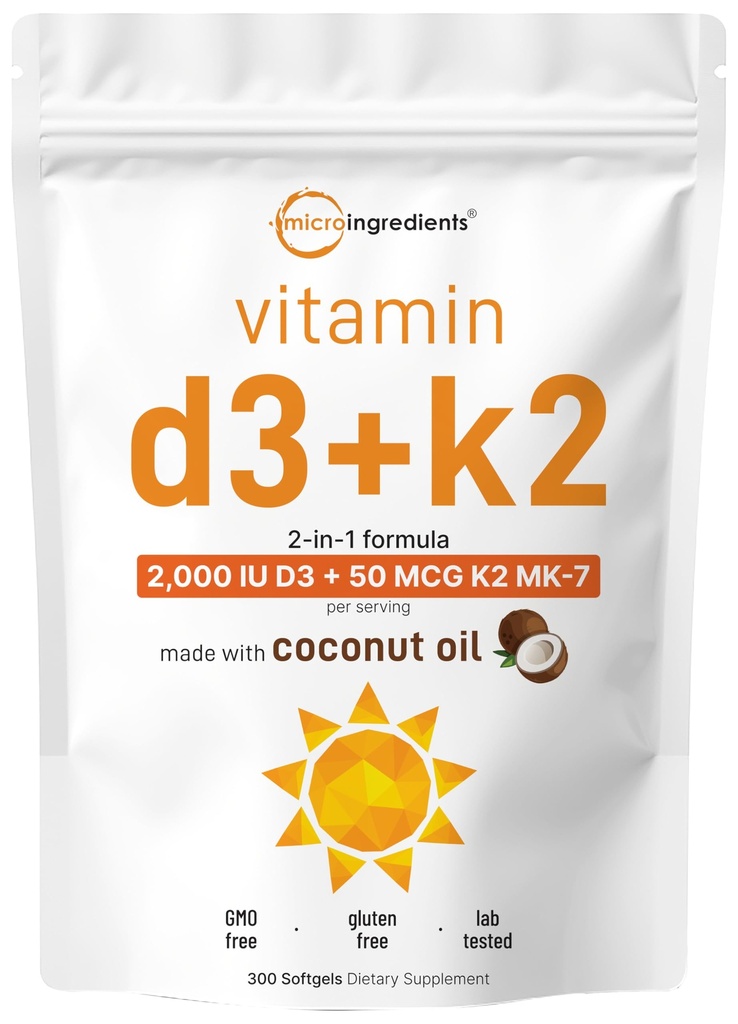 Micro Ingredienti Vitamina D3 2000 IU + K2 MK-7 50 mcg, 300 Softgels | Virgin Coconut Oil | 2-in-1 Supporto | Facile da ingoiare, Non OGM