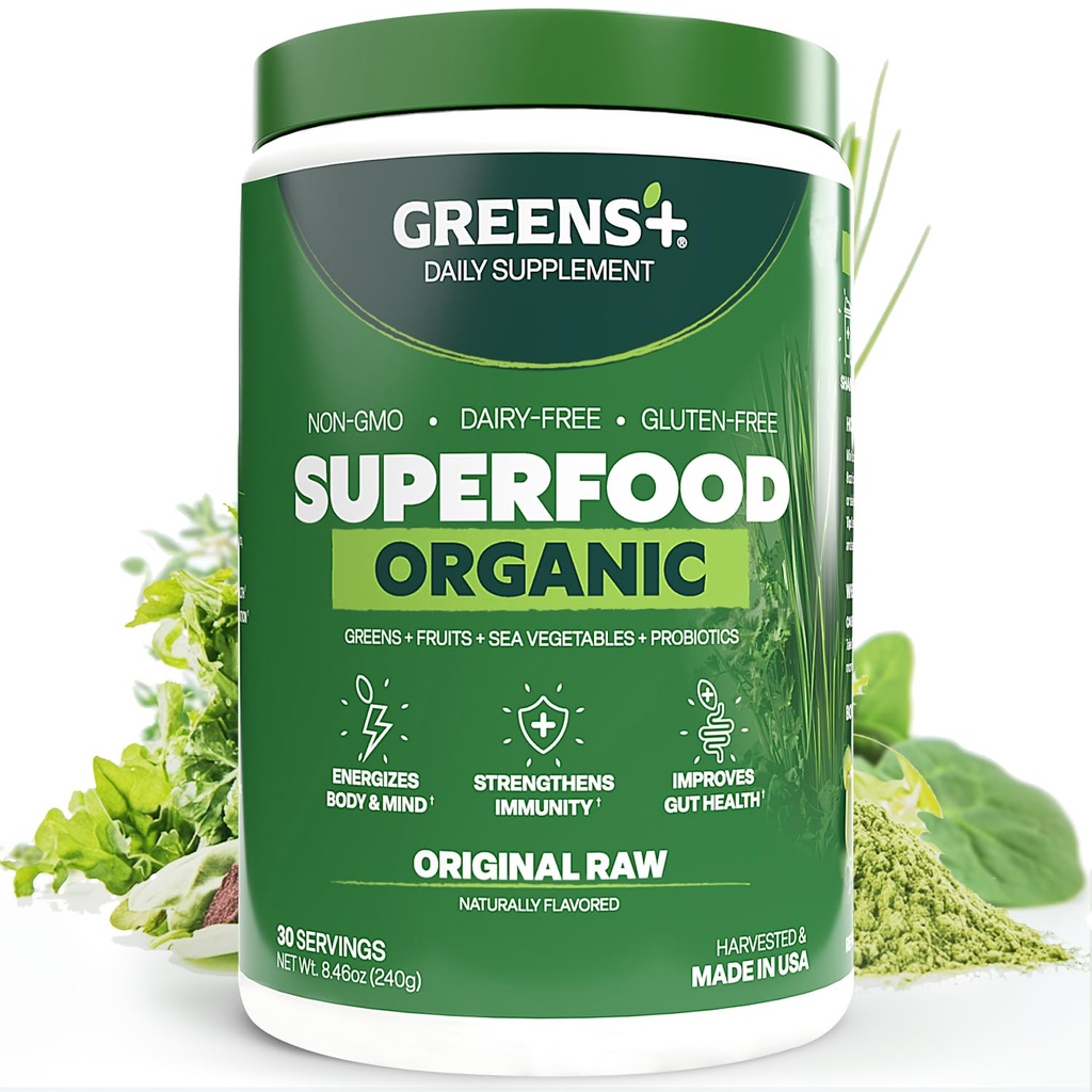 Verts+ Poudre biologique RAW Superfood, Super Blend Immune Support, Morning Kick, Energy Boost, Nutrition Vibrant Santé, Supplément alimentaire, Soy végétalien/Dairy/Gluten Free(8.46oz)