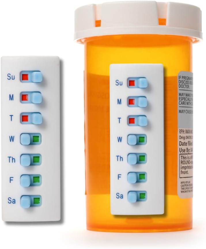 Peel und Stick wiederverwendbar für 12 + Refills, Pill/Medication/Vitamin/Pet Med Tracker & Reminder, Befestigen Sie Ihre Flasche, Organizer-Free, Curved‐Back (White, 2-Pack)