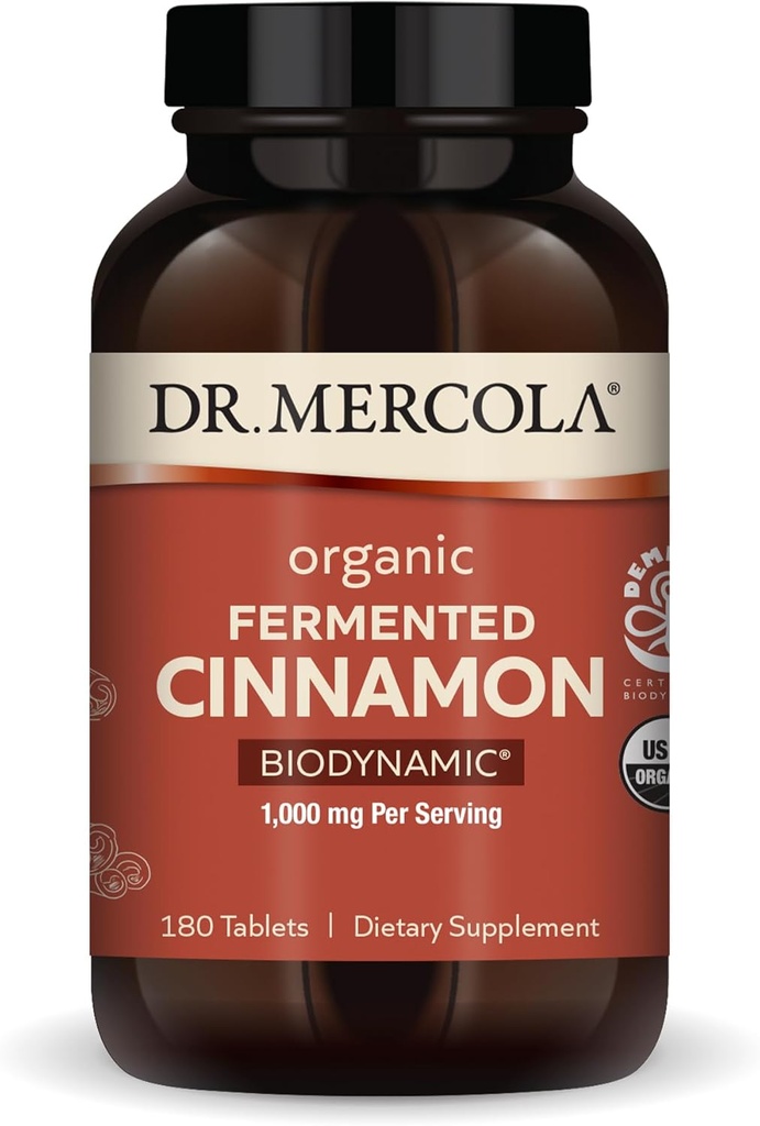 Dr Mercola Biodynamic Fermented Cinnamon Organic - Soutient la santé métabolique - Extrait de cannelle à haute teneur en flavonoïde - USDA Organic, non-OGM, sans gluten et sans soja - 180 comprimés
