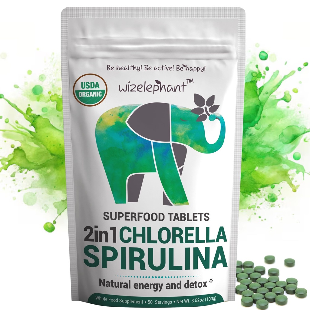Spirulina Organic Clorella Tablets - 50 Servings - 2-in-1 Superfood Algae Supplemento per Natural Immune Support, Detox e Energy Boost. Clorofilla organica. Espirulina