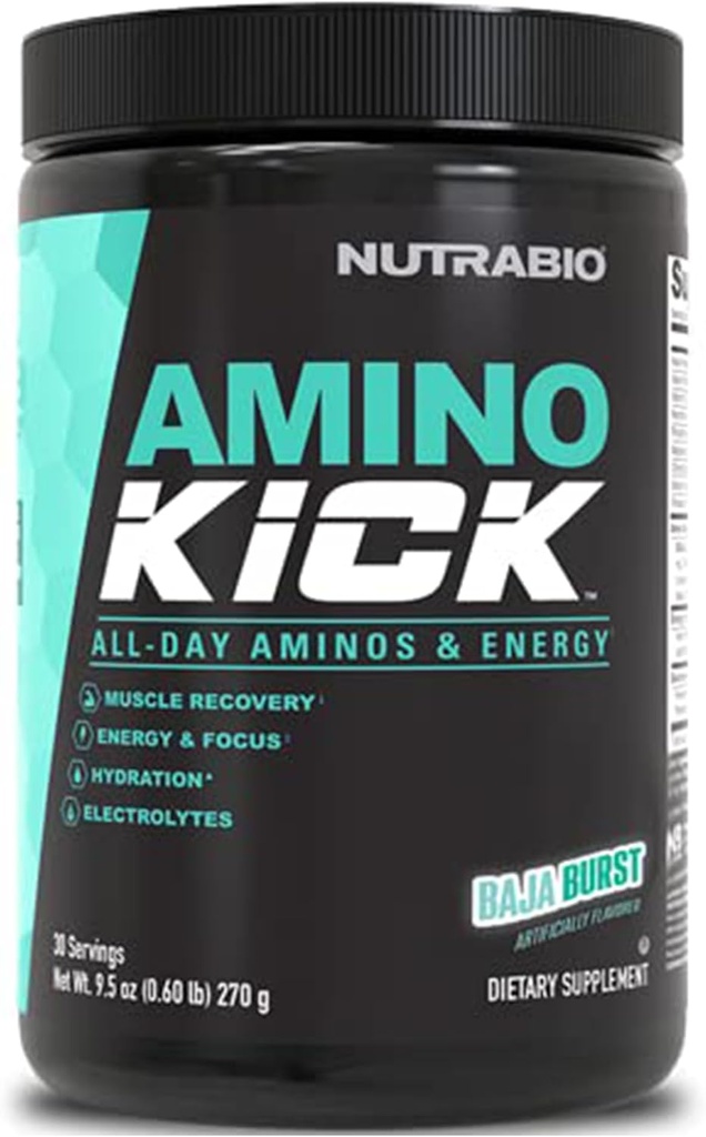 NutraBio Amino Kick – BCAA-Pulver mit natürlichem Koffein – Aminosäuren-Ergänzung für Energie, Hydration & Recovery – BCAAs, Elektrolyte & Aminosäuren – Baja Burst, 30 Portionen