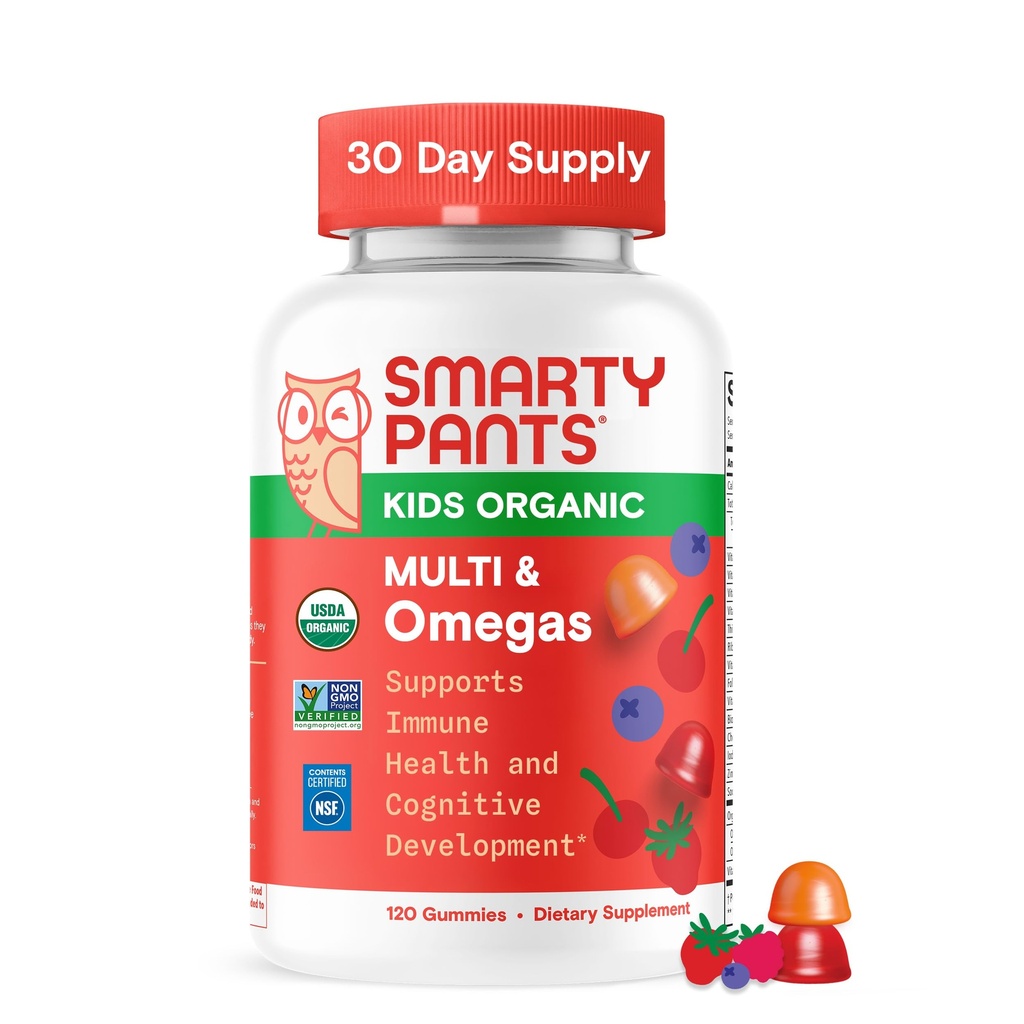 SmartyPants Organic Kids Multivitamin Gummies: Omega 3 (ALA), Vitamina D3, C, Vitamina B12, B6, A, K & Zinc per il supporto immunitario, Biotina, Vegetariano, Tre Sapori di Frutta, 120 Contenitore (30 giorni)