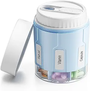 Daviky Pill Organisateur de bouteille, organisateur de supplément avec 7 grands compartiments, distributeur de pilules de voyage boîte à pilule ronde avec deux lids (bleu)