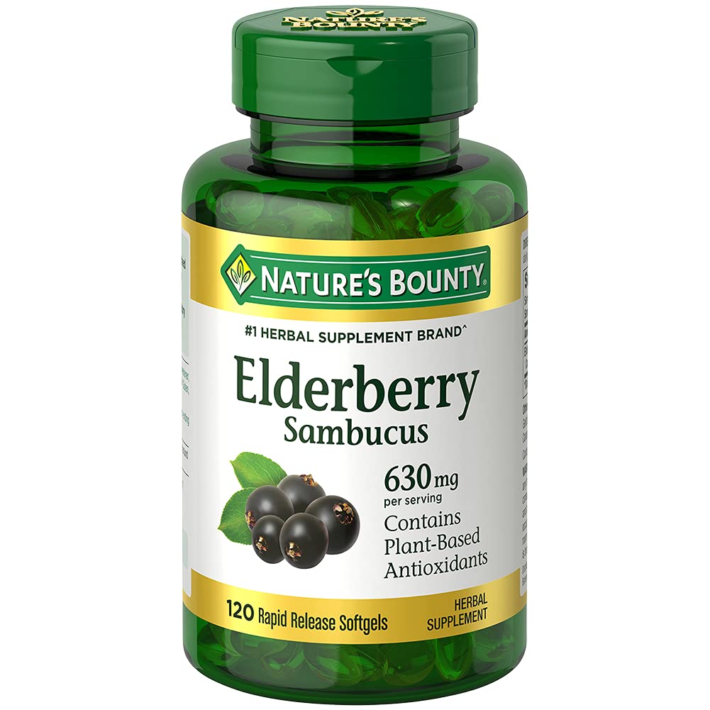 Nature's Bounty Sambucus Elderberry Herbal Supplement, Rapid Release Softgels, 630 mg per Serving, 120 Count
