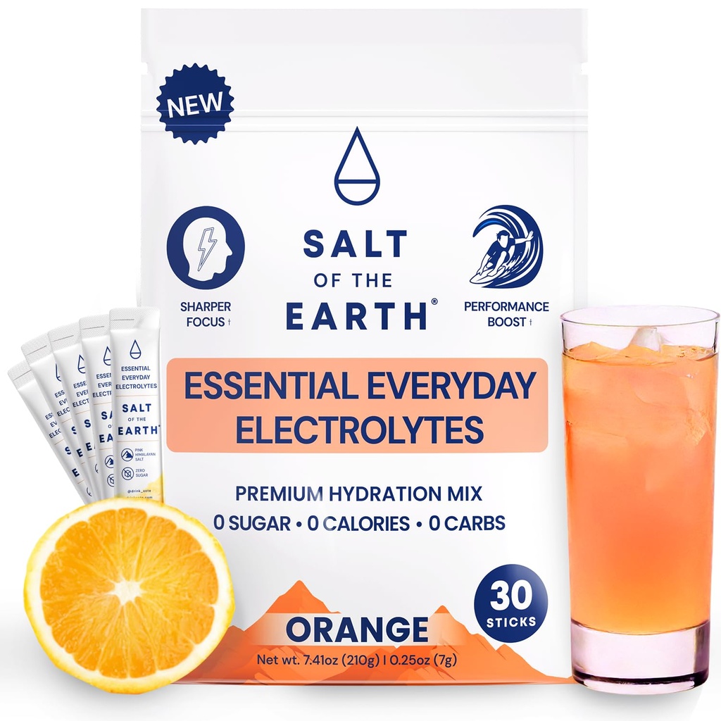 Salz der Erde Premium Zero-Sugar Elektrolyt - Hergestellt mit Rosa Himalayan Salz - Hydration Pulver Pakete | Premium Zutaten | Keto & Paleo Friendly | 30 Sticks, Orange
