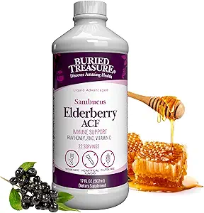 Buried Treasure Elderberry ACF mit 4.000 mg Elderberry Sambucus Whole Fruit Concentrate, Vitamin C Plus Raw Local Honey Liquid Immun Support 16 oz