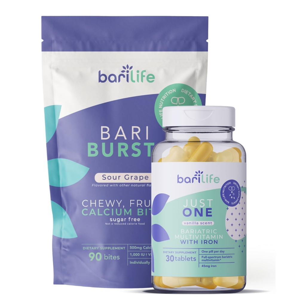 Bari Life Juste un, une fois par jour bariatrique multivitamine avec du fer (30 comprimés) et BariBurst Calcium Citrate doux Chews pour le pont gastrique, manches gastriques et interrupteur duodenal (Sour Raisin)