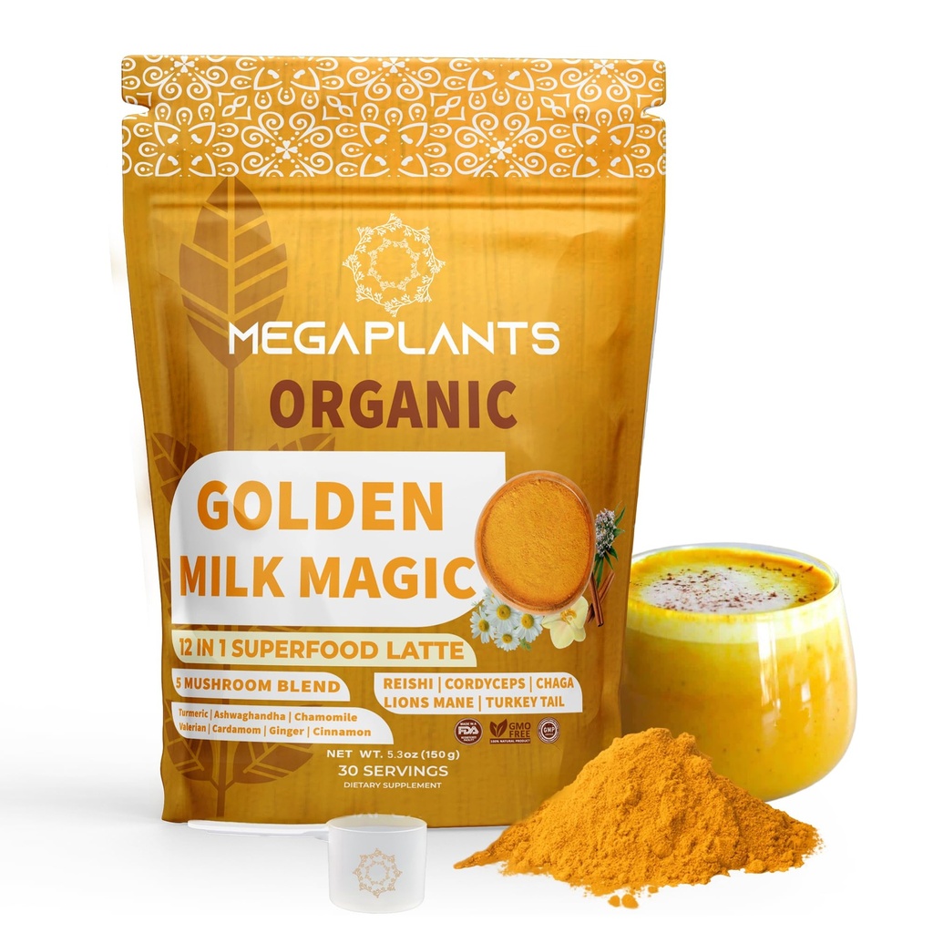 Golden Milk Magic (50 Serve) | Superfood 5 Mushroom Blend for Sleep, Relax, Relief | Turmeric, Ashwaghanda, Valerian, Chamomile + 5 Mushroom Blend | Smoothie, Hot Beverage