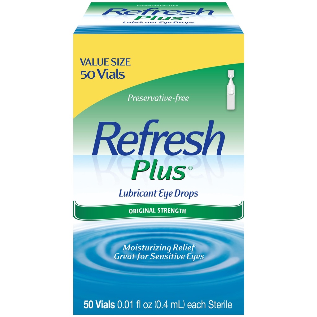 Rafraîchir Plus gouttes oculaires lubrifiantes, sans conservateur, 0,01 Fl Oz conteneurs à usage unique, 50 Compte, emballage mai Varier