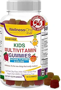 WellnessOne Kids Multivitamine Gummies - Supplément de soutien à l'immuno sans sucre emballé avec vitamine C, B6, B12, acide folique et plus - Fraise naturelle, ananas et arômes d'orange - 60 vitamines gommy