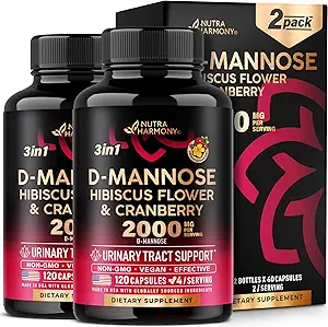 D-Mannose 2000mg con Mirtillo 500mg & Hibiscus - Clinicamente testato la forza per la salute del tratto urinario - Supplemento per le donne - La vescica, Supporto per fegato e microflora - Made in USA - Vegan, Confezione da 2