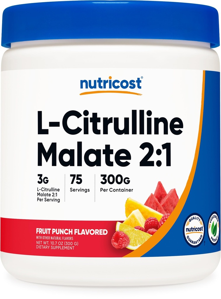 Nutricost L-Citrulline Malat 2:1 (300g) Obst-Punch - Workout-Unterstützung, Muskelleistung, Nitric Oxid Booster - Fitness-Ergänzungs-Pulver, 75 Portionen